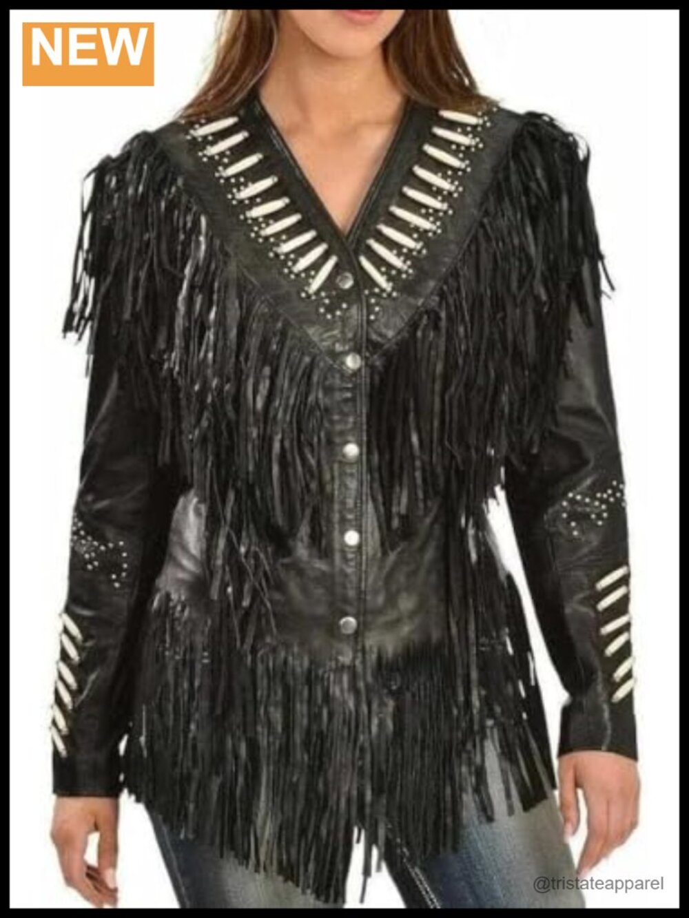 Cowgirl Leather Jacket with Bone Bead Fringe, Western Coat, Cowhide